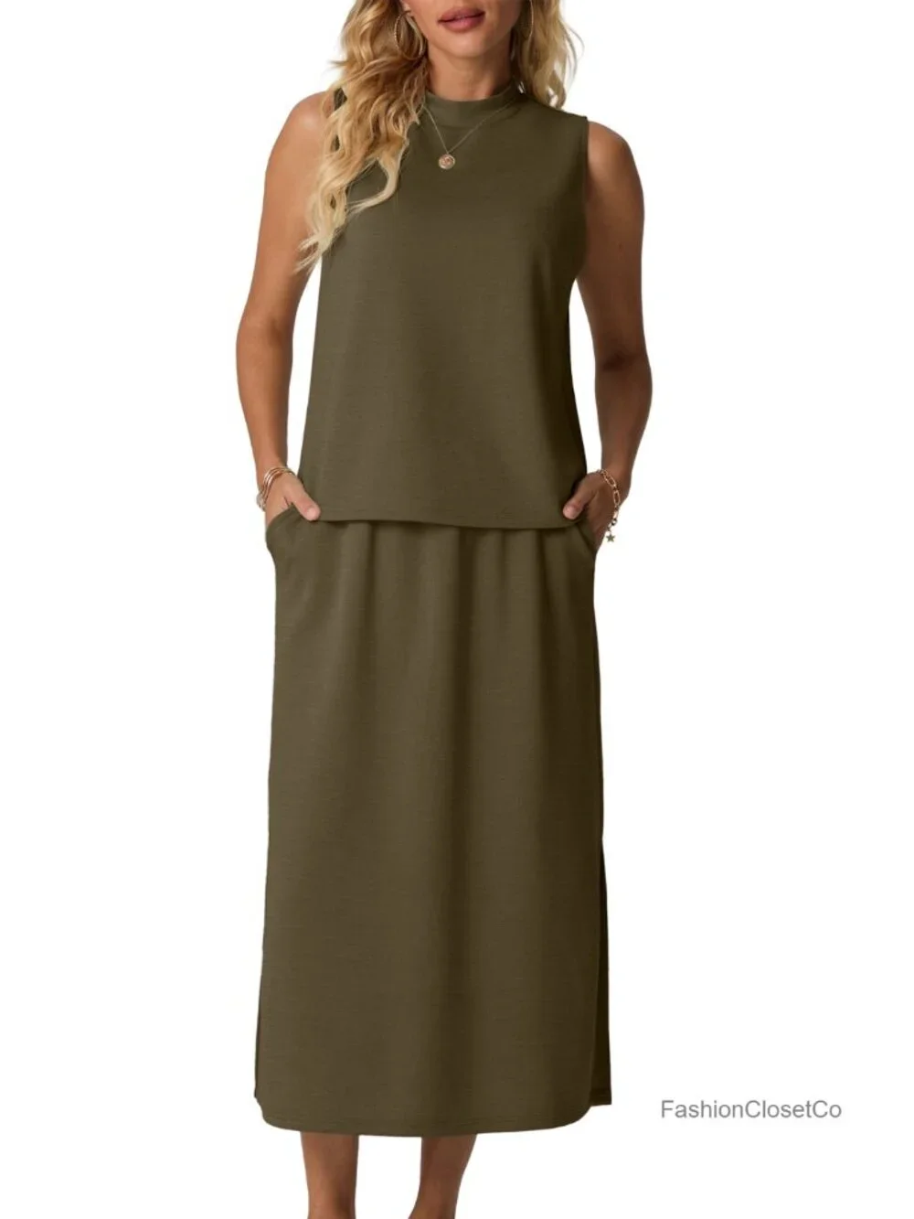 Sleeveless Mock Neck Crop Top & Split Maxi Skirt Set with Pockets